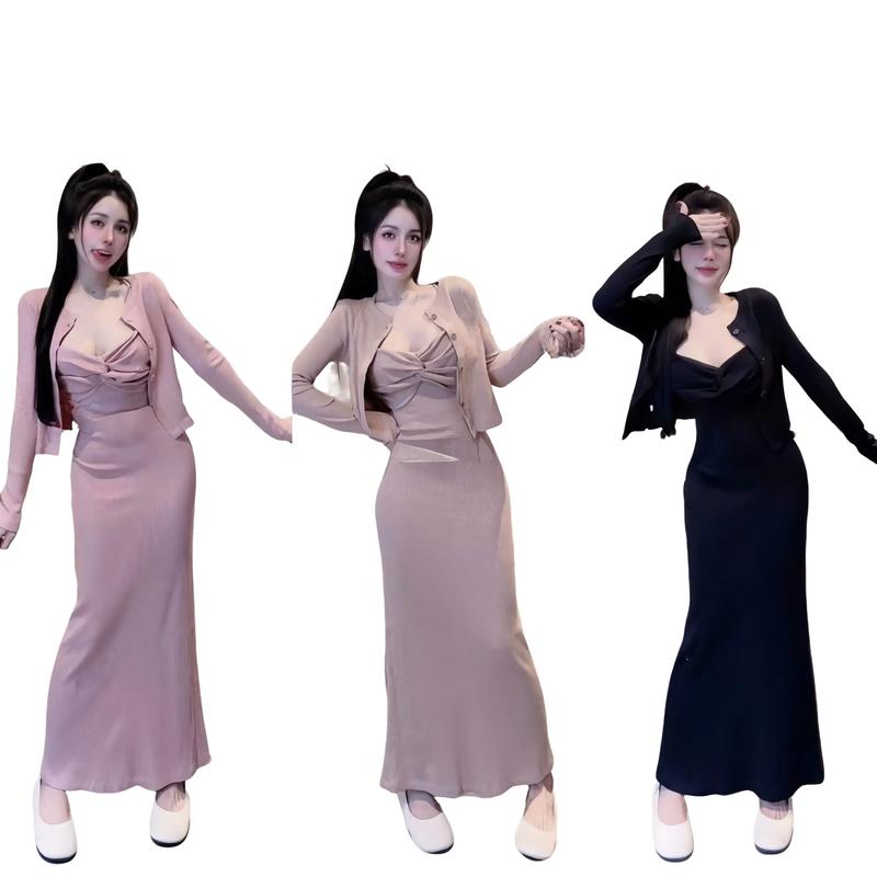 Set Đầm Hai Dây Dáng Dài Mix Áo Khoác Tay Dài Chất Thun Tăm Thái Đẹp Có Mút Thiết Kế Xoắn V1 Sành Điệu Duyên Dáng Xinh Xắn Cho Nữ Màu Đen Hồng Nâu Tây