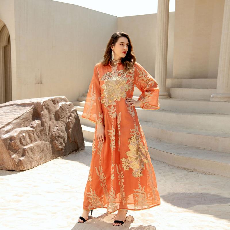 Product Introduction of Baju raya Middle East Cross border Golden Pearl Embroidered Yarn Muslim Female Jalabiya Dubai Arab Abaya 7