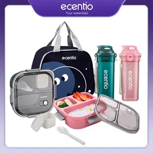 【PO 25 Feb】【exclusive maksan】ecentio 5 Pcs Kotak Bekal Anti Tumpah + Tas Lunch Bag - FREE BPA, 1100ml 3 Segmen, Wadah Sup 100ml & Sendok【100% Anti tumpah+FREE BPA】