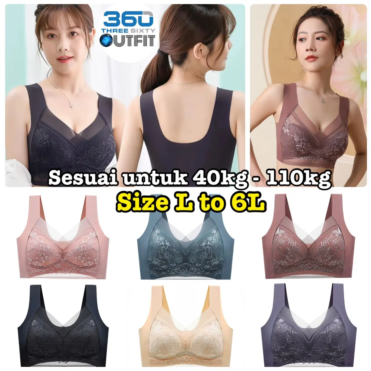 360 Outfit Women Seamless Lace Bra 40kg to 110kg L to 6L Plus Size Comfort Breathable Push Up Bra Wireless Mesh Lace Baju Dalam Wanita Underwear