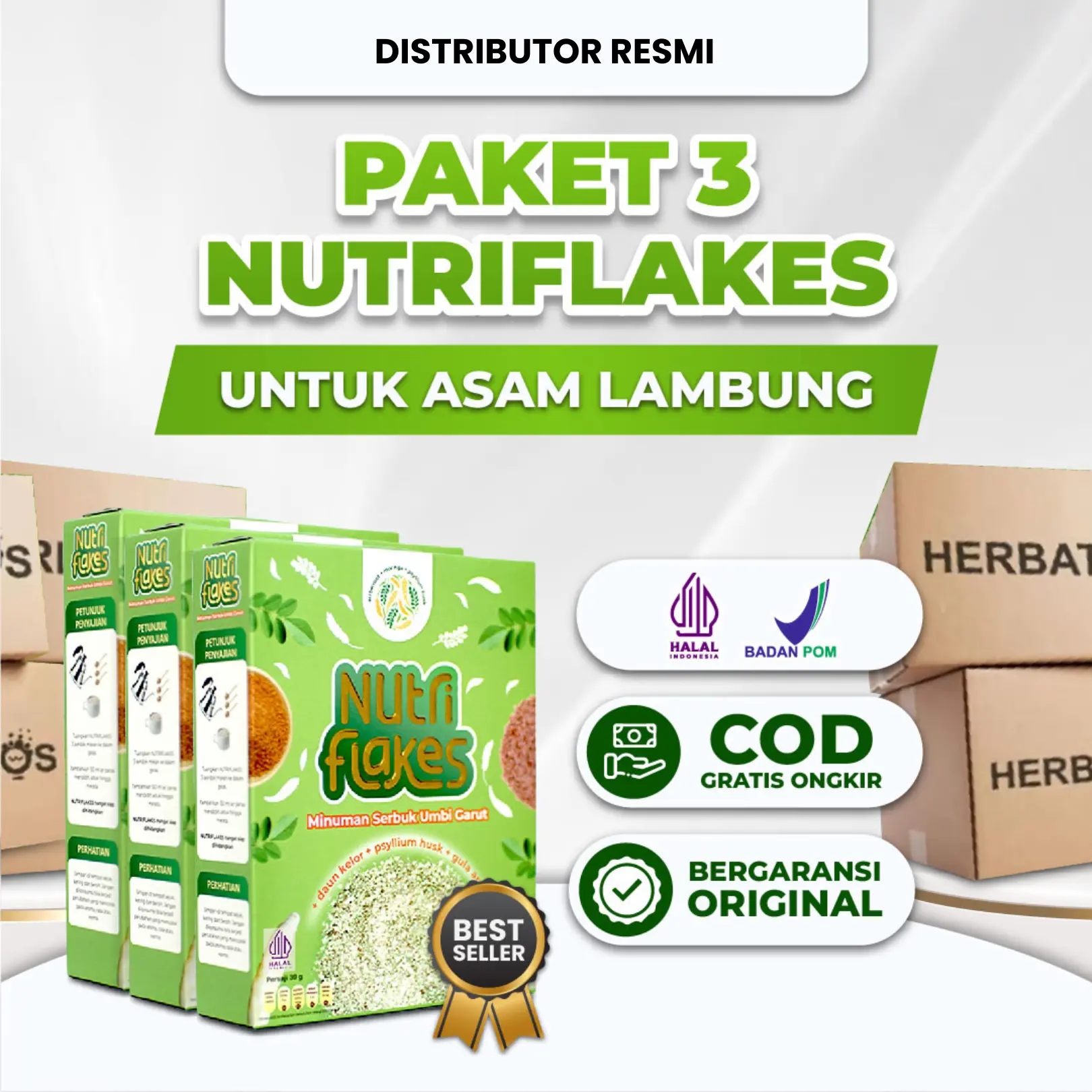 Paket Isi 3 Box Nutriflakes Original Sereal Dari Umbi Garut Untuk Asam Lambung Halal MUI BPOM