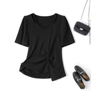 Kemeja-T Fesyen Musim Panas, Saiz Besar, Rekaan Tidak Teratur dan Biasa, Lengan Pendek, Leher V Berongga, Rekaan Cantik, 63988