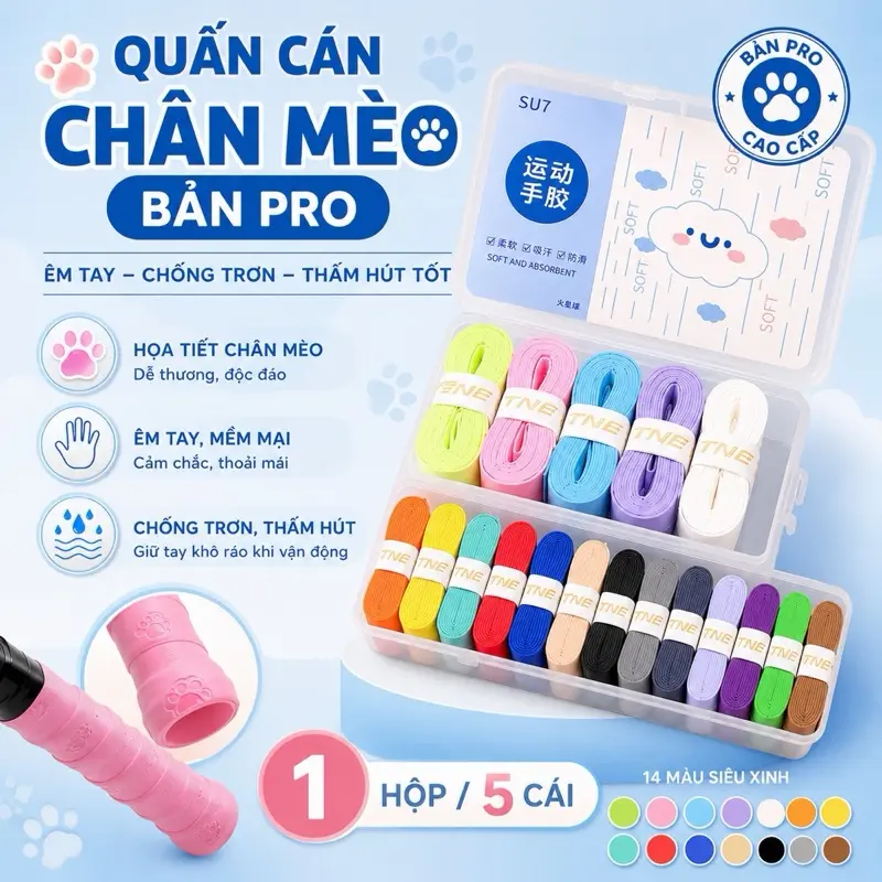 Combo hộp 5 quấn cán vợt cầu lông, pickleball, tenis chân mèoTNB bản Pro – Combo Bản Nâng Cấp mới êm tay hơn, bám dính tốt hơn!