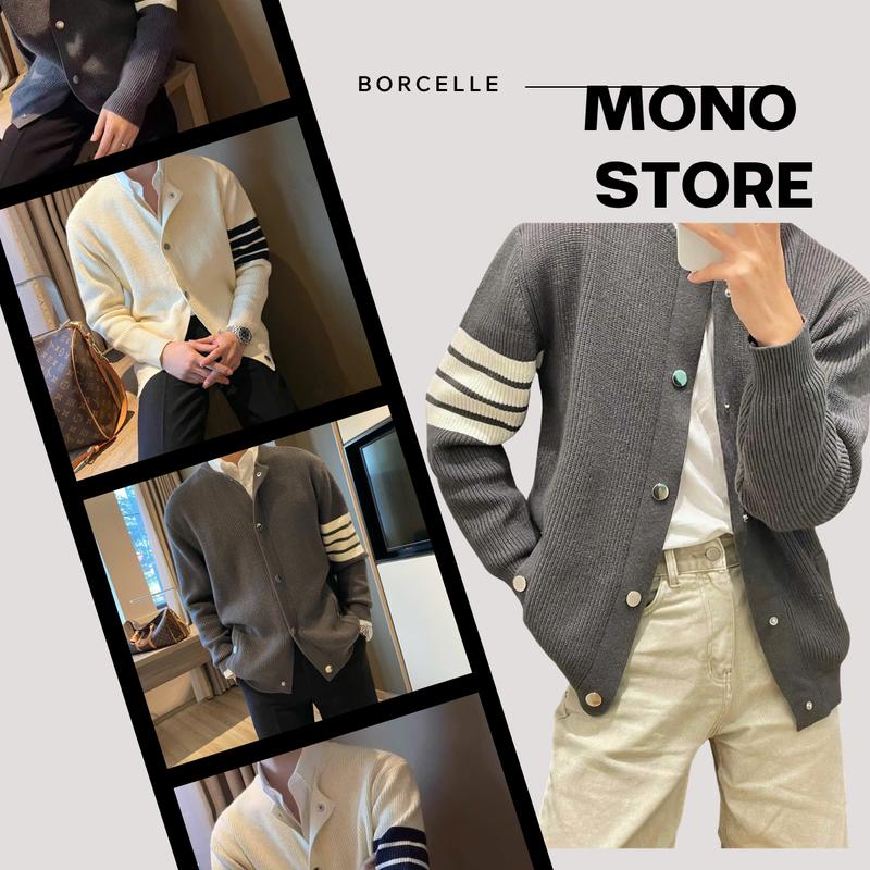  Áo Khoác Cardigan Nam Nữ Dài TGay Ráng Vừa Cổ Tròn Nút Cài Kim Loại 3 sọc áo len cardigan calem 