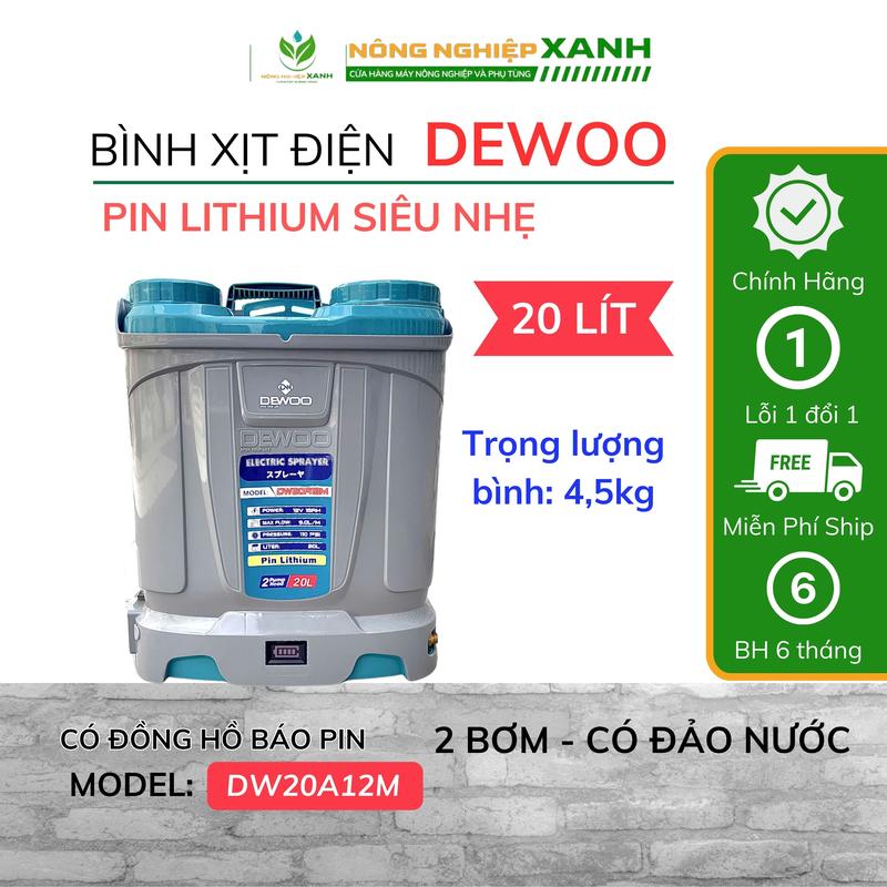 Bình xịt điện có đảo nước Dewoo DW20A12M Pin Lithium siêu nhẹ 20 Lít 2 Bơm, 12V-15AH, Báo pin điện tử, BH 12 tháng