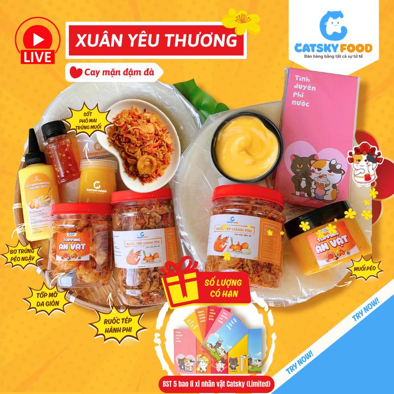   Deal Live   COMBO Xuân yêu Thương - Bánh Tráng Phơi Sương - Catsky Food -  Ruốc Tép Khô Hành Phi Hương Vị Đậm Đà Bơ Trứng Đồ Ăn Vặt 