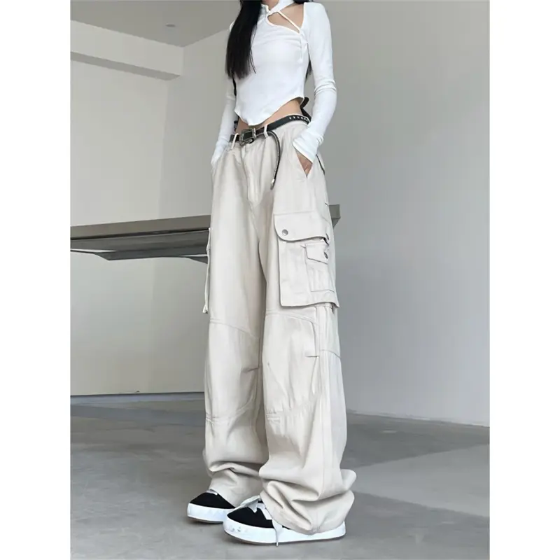 Krem New Highwaist multi pocket cargo Celana Jeans Panjang Wanita 0
