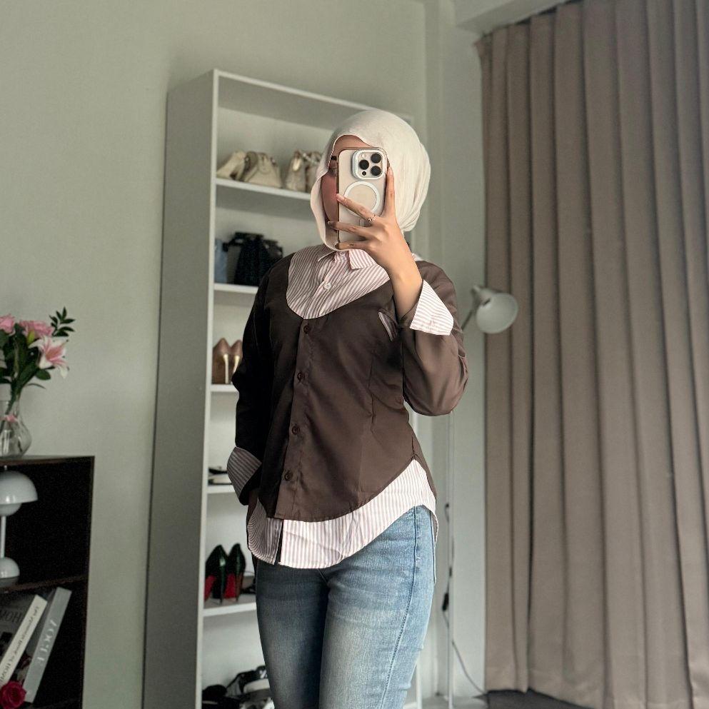 Zalika Girls_ Kemeja Wispi Yereuu Shirt Kemeja Blouse Wanita kombinasi Layer Stripe 2in1