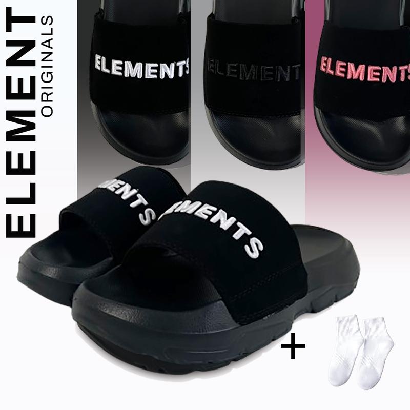 TẶNG VỚ E02 - Dép Elements Silde Chunky chữ thêu nam nữ dế cao - Dép slipper quai nhung đế bằng - Elements