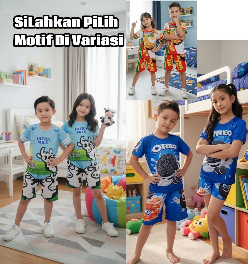 Setelan Anak Harian Viral Terbaru Limited Edition Motif Makanan Mie goreng dan gambar Minuman untuk Usia 1-10 Tahun Desain Unik Nyaman dan Senang Dipakai