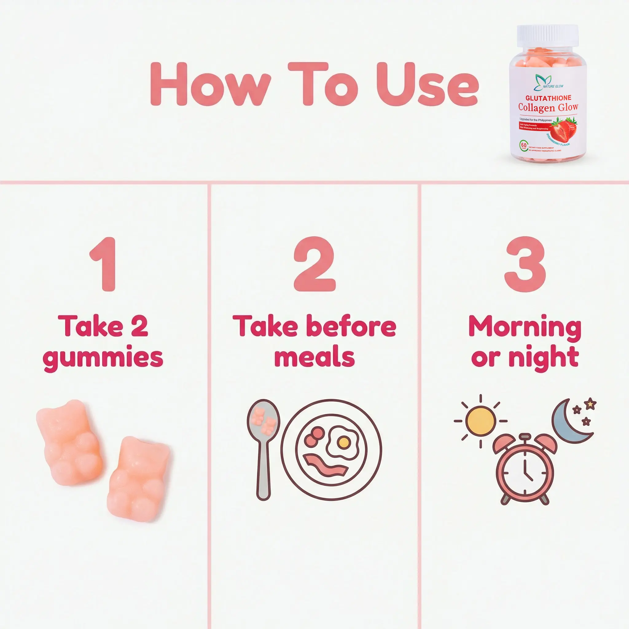 how to take glutathione collagen glow FDA Approved】 Nature Glow 60PC Glutathione Collagen Glow Gummies STRAWBERRY FLAVOR