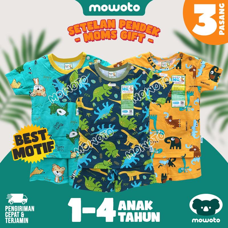 [ 3 setel ] Setelan PENDEK Moms Gift Terbaru ( 1-4 tahun ) Setelan Baju Main Anak Pendek - Mowoto 1