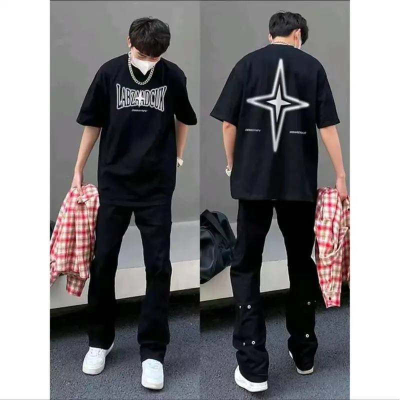 Alfabet retro bintang empat titik Kaos Pria Kaos Cotton|Kaos Cowok Distro|Baju Oversize Pria|Kaos Pria Premium Tebal| Kaos Lengan Pendek Pria|Baju Kaos Oversize Couple |Kaos Oversize Pria Kaos hitam Casual Fit Polos Combed Wanita Basic Unisex Katun 8
