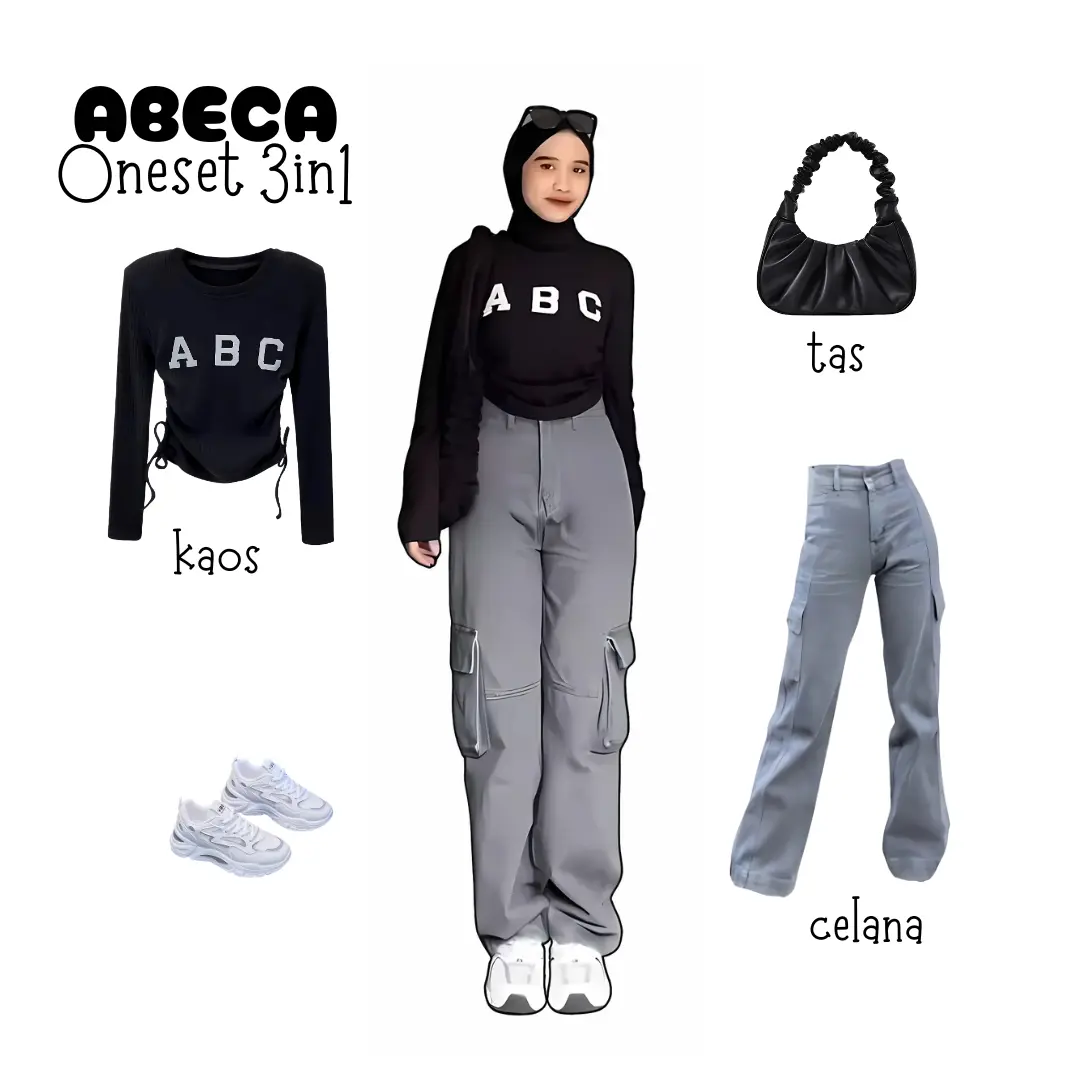 One set 3in1 Kaos crop hitam serut abc celana jeans cargo kargo tas hitam | ootd outfit oneset wanita anak perempuan cewek kekinian hangout HK118