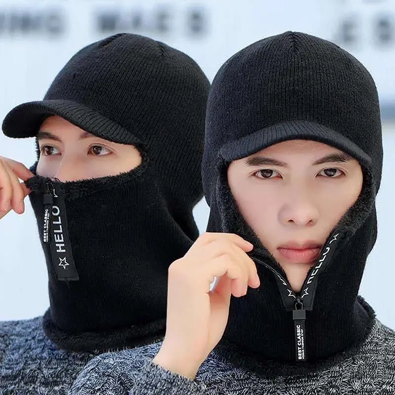 1pc Men Winter Knitted Hat with Zipper New Add Fur Lined Warm Brim Winter Hats for Men Keep Face Ear Warm