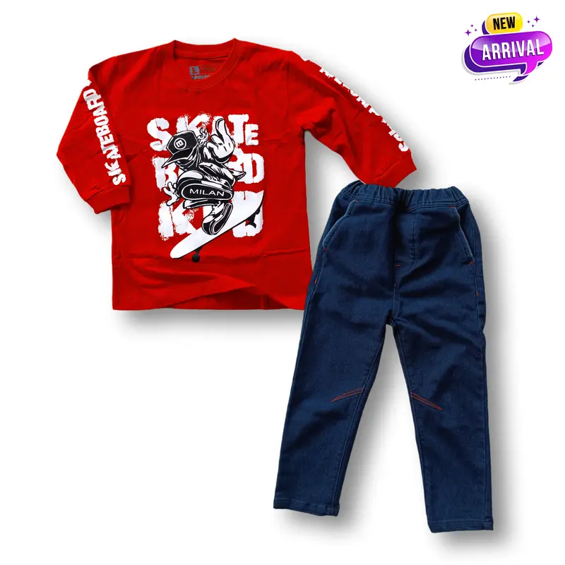 Setelan Kaos Anak Laki Laki Lengan Panjang Celana Jeans Panjang Terbaru Usia 3-12 Tahun 3
