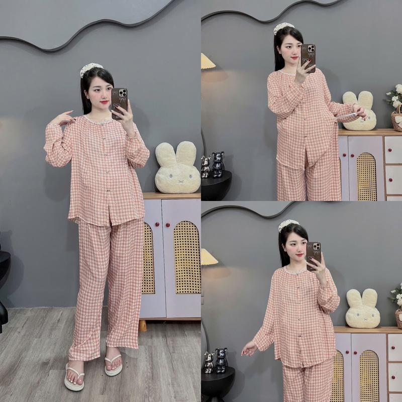( Mẹ Dứa ) Bộ đồ Bầu và Sau Sinh Chất đũi thái, cổ tròn phối ren kẻ caro, áo khóa kéo ti quần có chun chỉnh rộng Free size 45-70kg Thoải mái Thoáng khí