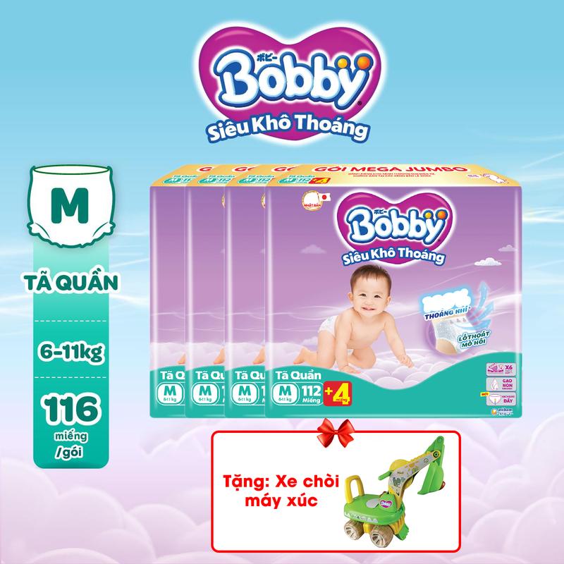 [COMBO 4-TẶNG XE CHÒI MÁY XÚC] Bobby Tã/bỉm quần M112/L96/XL84/XXL76 Siêu khô thoáng (cộng miếng ngẫu nhiên)