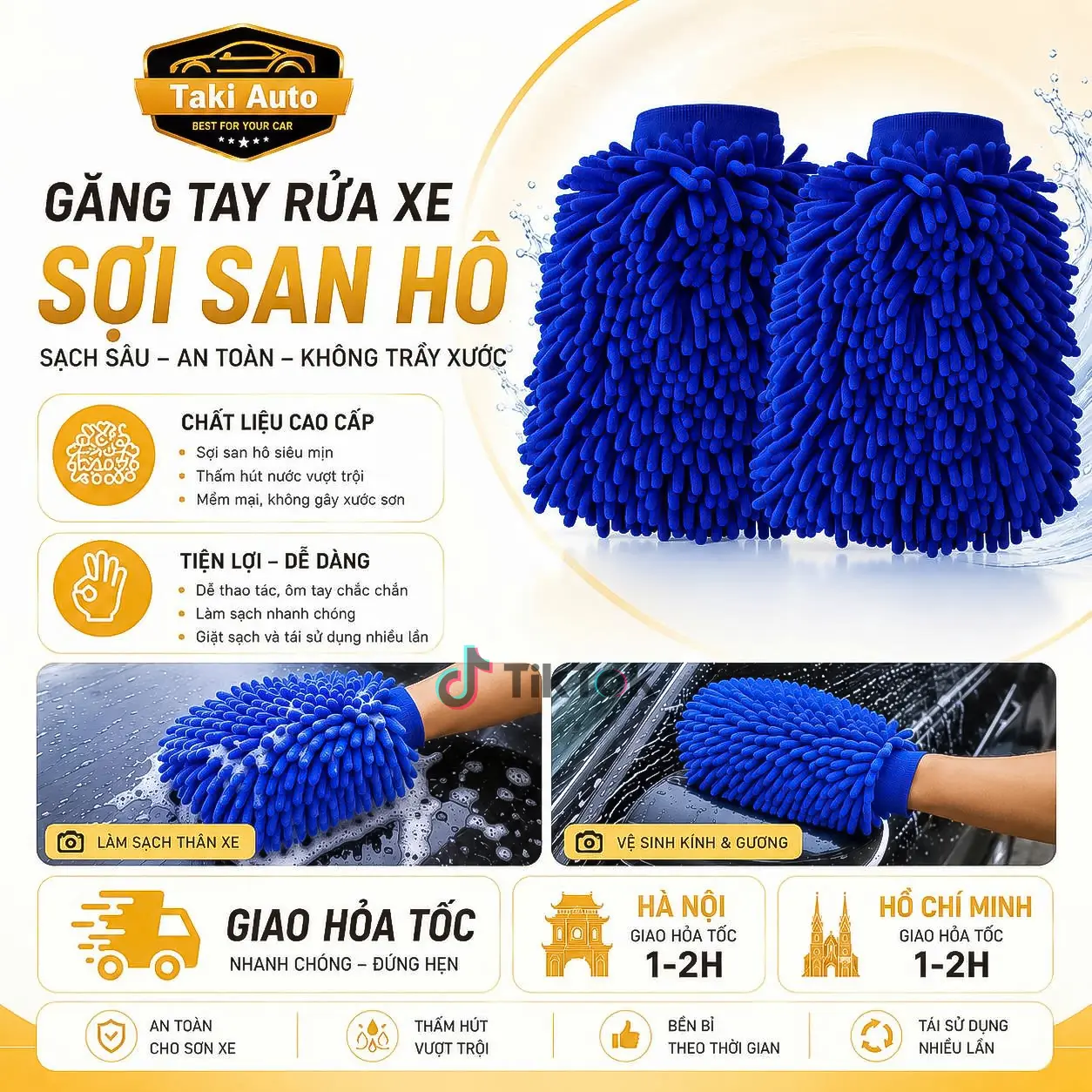 Găng Tay Rửa Ô Tô Xe Máy, Bao Tay Rửa Xe San Hô, Bao Tay Làm Bằng Sợi Microfiber Mềm Mịn Tạo Nhiều Bọt, Bộ Dụng Cụ Rửa Xe Tại Nhà, Phụ Kiện Lau Xe