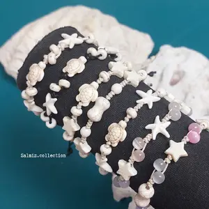 Salmiz.collection Gelang Vintage Aestetik Gelang Manik Kerang Laut dengan Desain Bintang dan Motif Kura-kura