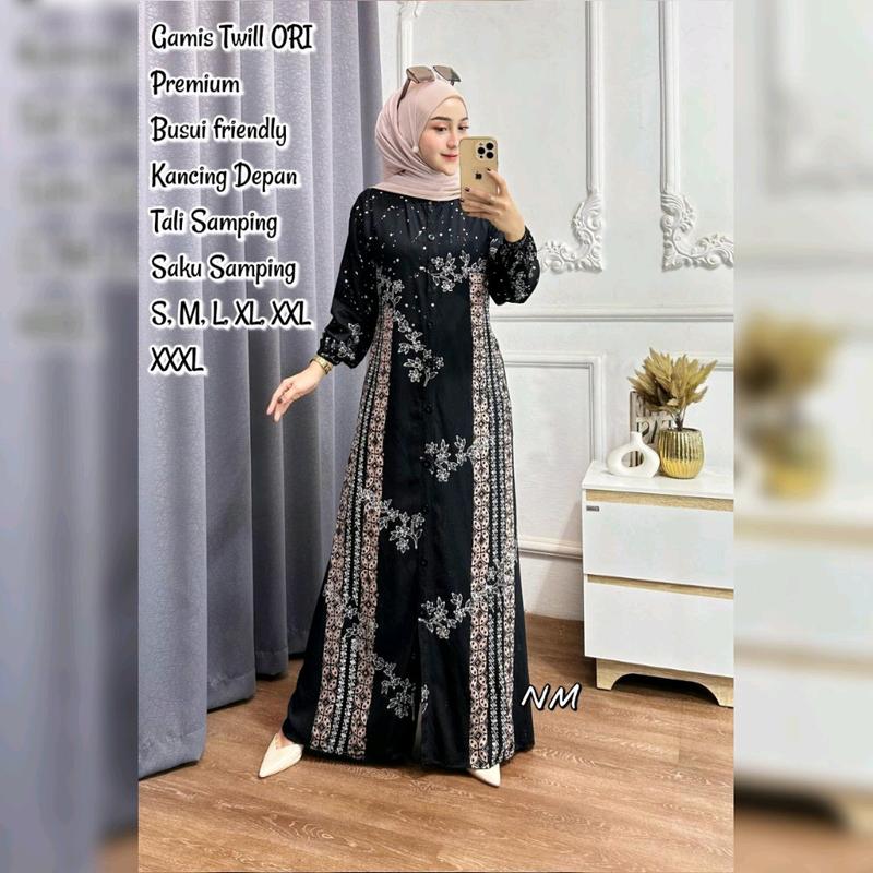 Gamis Twill Ori Muslim Premium Pekalongan Lengan Panjang Model Kancing Depan Busui Friendly Dress Batik Wanita Dewasa Modern Murah Tali Samping 1