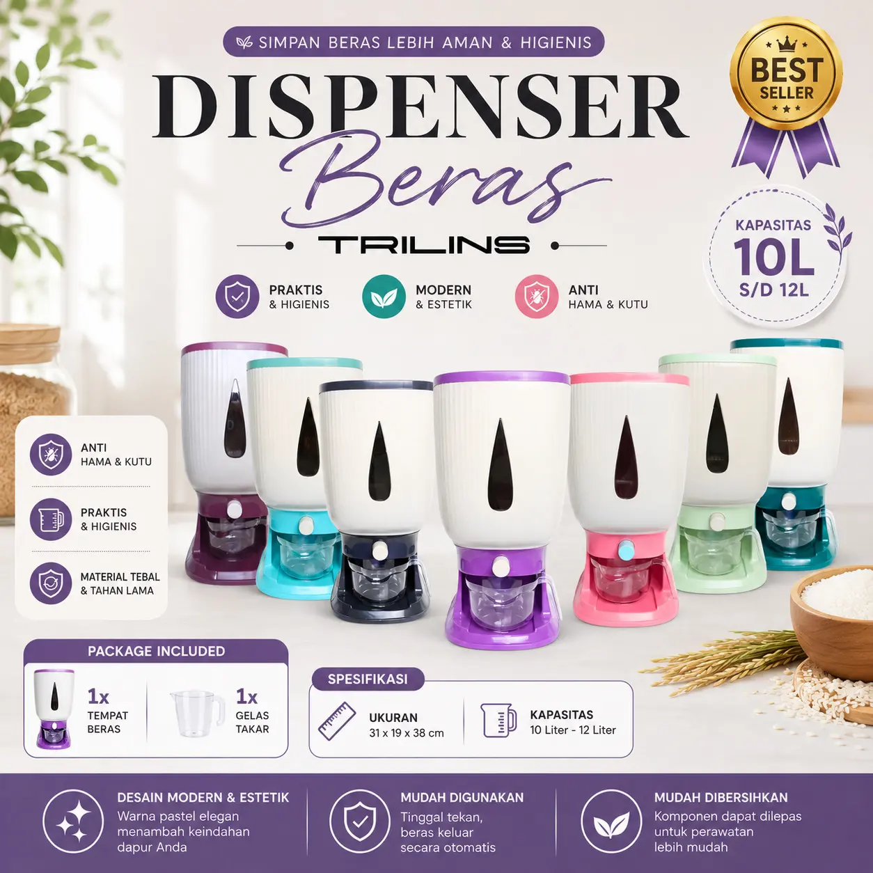 [COD] Dispenser Beras Modern Tempat Wadah Penyimpanan Beras Otomatis 10kg Anti Hama Tidak Lembab Free Cangkir Food Grade Rice