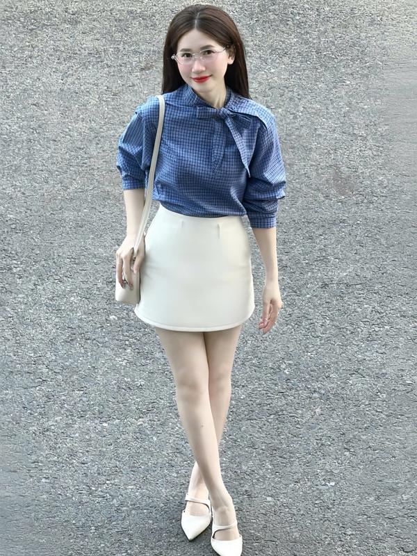 Áo sơ mi kiểu nữ sọc caro phối cổ A12 t shirt caro xanh cột nơ