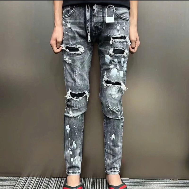  Quần jean nam xám khói bạ đen khóa lệch rách vá bảng 4 cúc Menswear Top 