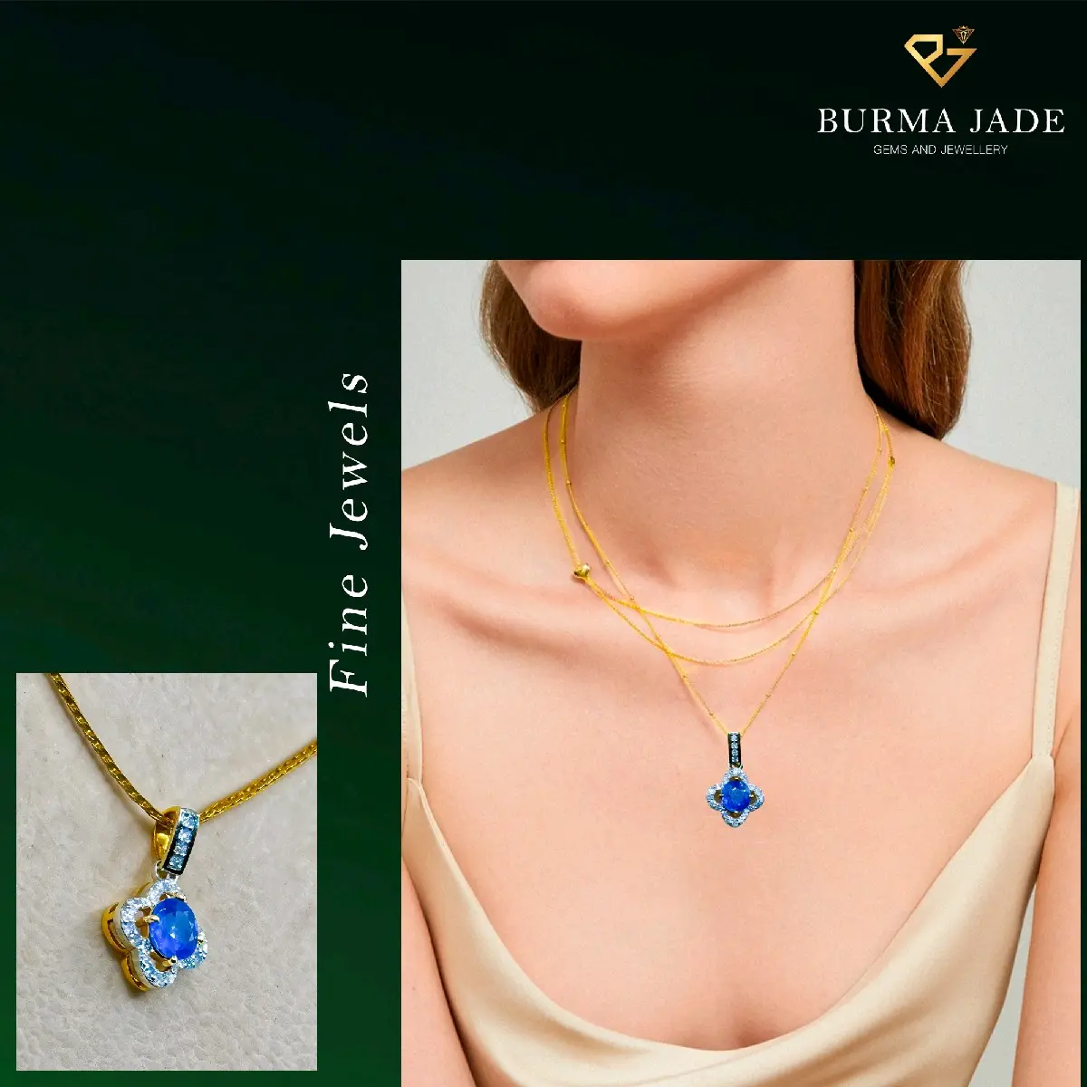 Natural Sapphire Pendant surrounded by sparkling diamonds