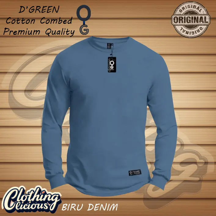 Baju Kaos Polos Lengan Panjang D'GREEN BIRU DENIM Cotton Combed 30s 150gsm Pria Distro - Wanita, Oblong - Keren, Katun