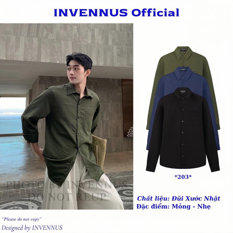 Áo sơ mi nam dài tay INVENNUS thiết kế cổ bẻ, chất liệu đũi xước, kiểu dáng thoải mái thấm hút mồ hôi cực tốt menswear shirt - 203