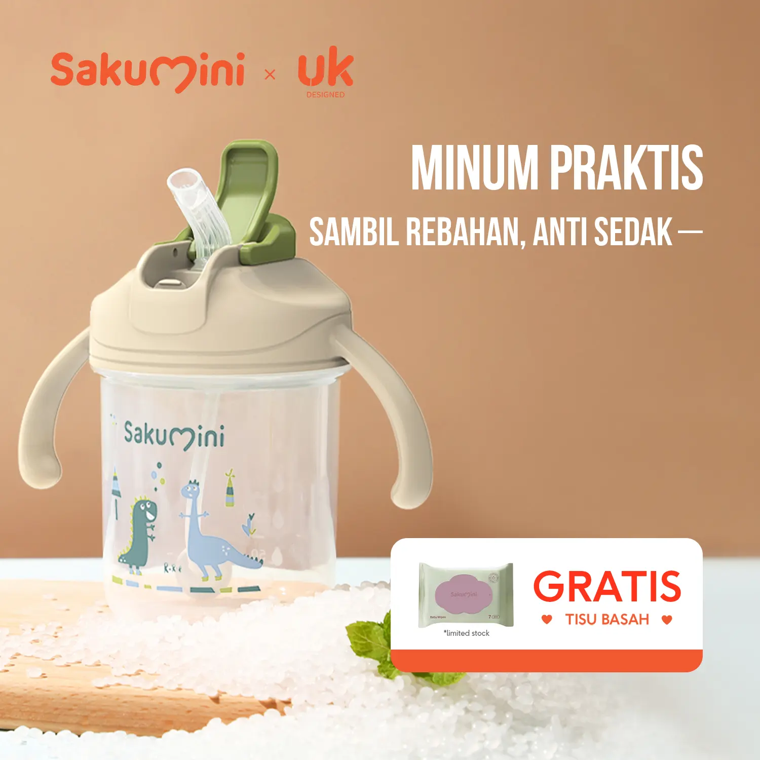 (HANYA HARI INI!! GRATIS TISU BASAH) Sakumini 3in1  Botol Gelas Minum Sedotan  Anak-Anak Training Straw Sippy Cup Anak Bayi Anti Tumpah