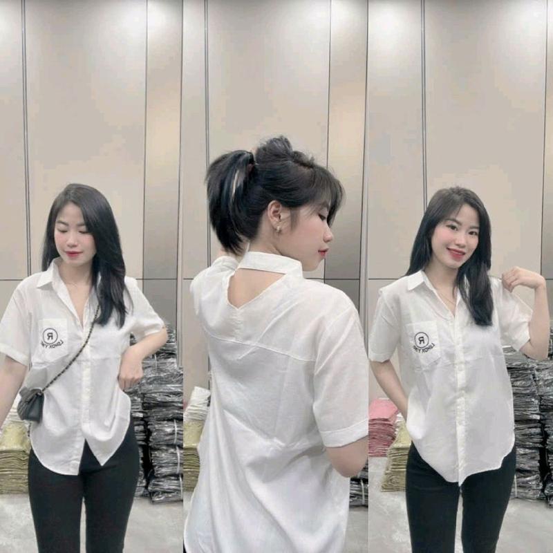 Áo Sơ Mi Nữ Đũi Tay Ngắn Khoét Lưng Túi Thêu T07