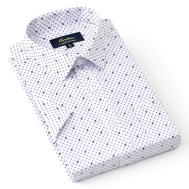  Áo Sơ Mi Nam Công Sở Trung Niên Anton Somianton Màu Trắng Họa Tiết Chấm Bi Ngắn Tay Vải Cotton Menswear Shirt Cổ Tròn- 808 