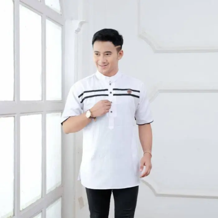Baju koko kurta garis 2 didada muslim pria lengan pendek bahan katun toyobo halus modern dan stylish Dewasa