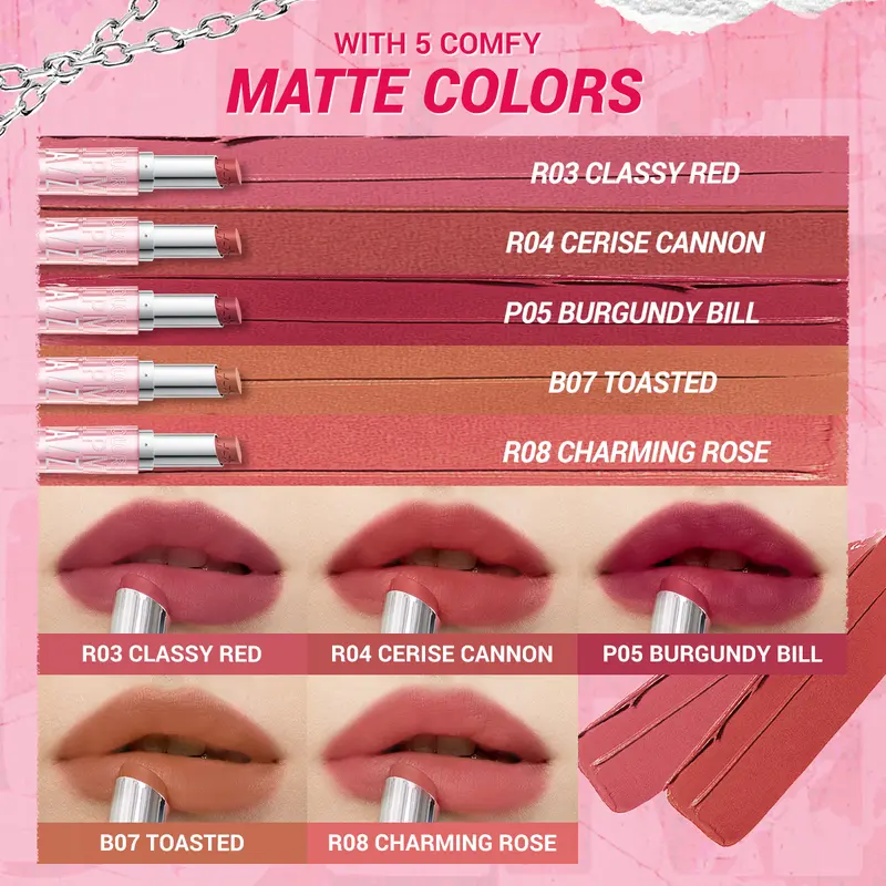 DAZZLE ME Color Chrome Lip Matte Matte Lipstick dengan hasil akhir Matte dengan tekstur Powdery dengan Stain Tahan Lama dan Melembabkan Bibir 5