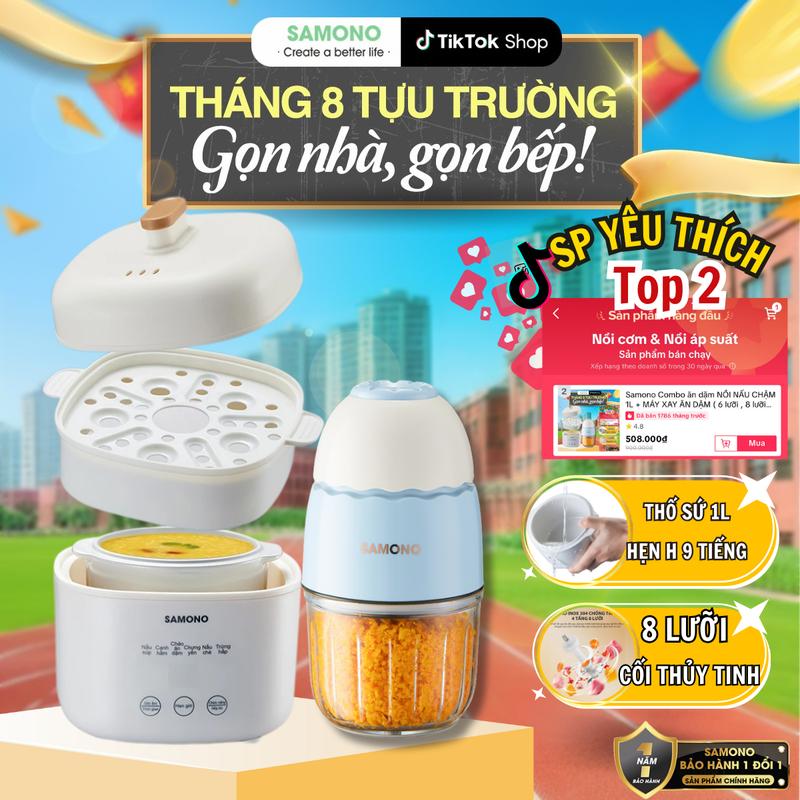 (BH 1 năm) 1 Combo nồi nấu chậm Samono SW-SC10 và máy xay mini ăn dặm cho bé SW-MC200/MC200S  Công suất 200W nồi điện đa chức năng, nồi nấu cháo chậm ăn dăm,chưng yến,nấu chè,hầm canh,chưng yến giúp thức ăn giữ nguyên dinh dưỡng