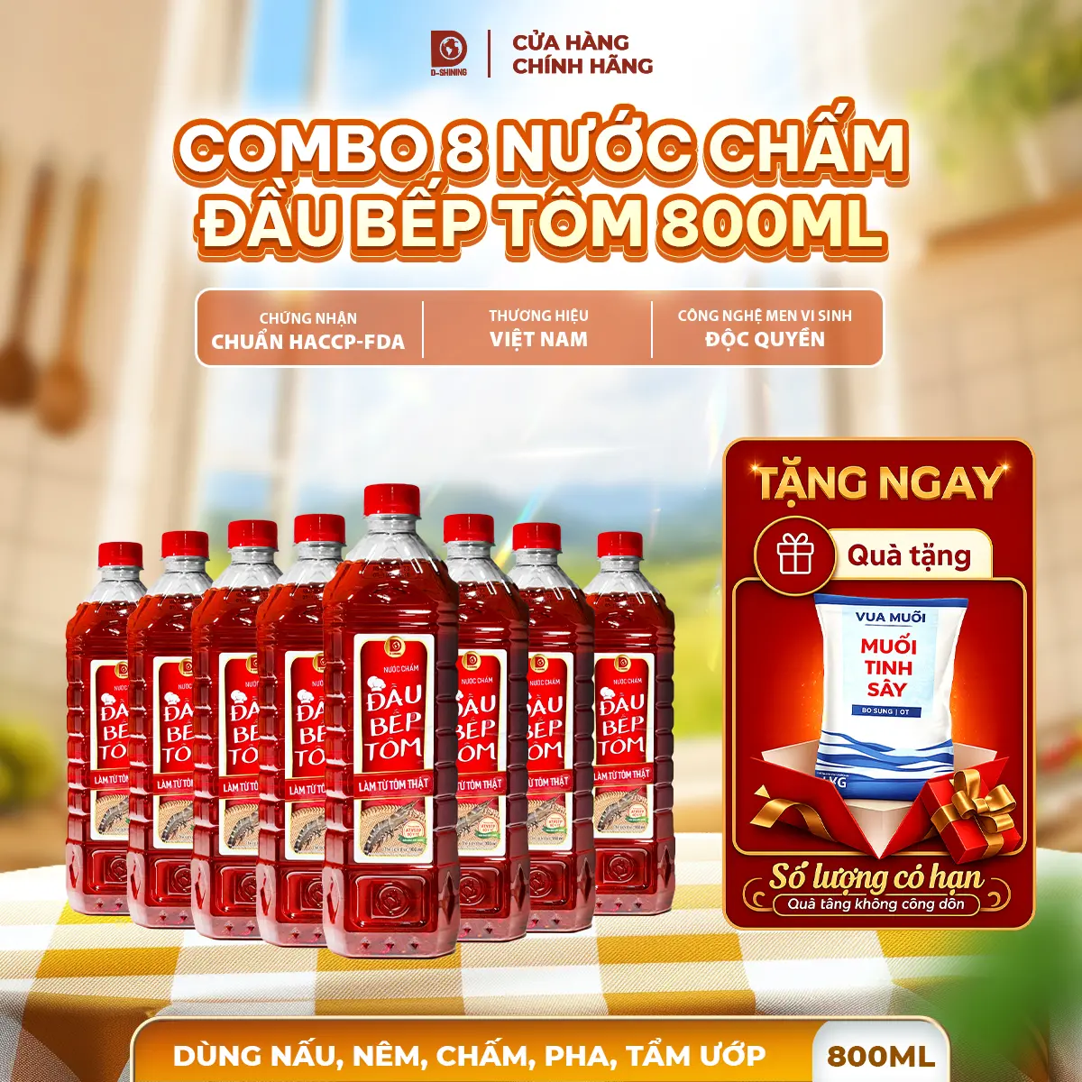 [KOL] [TẶNG MUỐI]_[Giá Sốc_ 119K 1 Thùng]_Nước chấm Đầu Bếp Tôm_Tôm thật pha sẵn_8 chai nhựa 800ml