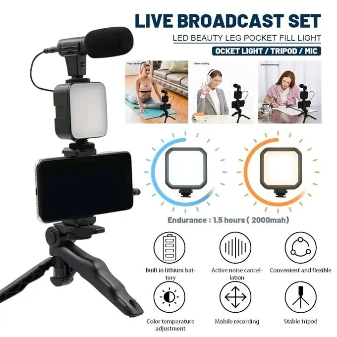 Vlogging Kit Tripod Mini Holder Alat Vlog Hp Lengkap Vloger Handphone 5 in 1 Item Led Light Phone Microphone Remote Bluetooth Kamera Lampu Wireless 2