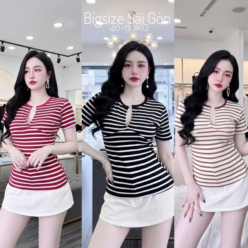 Bigsize Sài Gòn Áo Thun Nữ Tay Ngắn Phối Cổ V Vải Sọc Rip Cao Cấp Thanh Lịch Bigsize 45–85kg Dễ Thương Nữ Women Top Nhung - B.1729