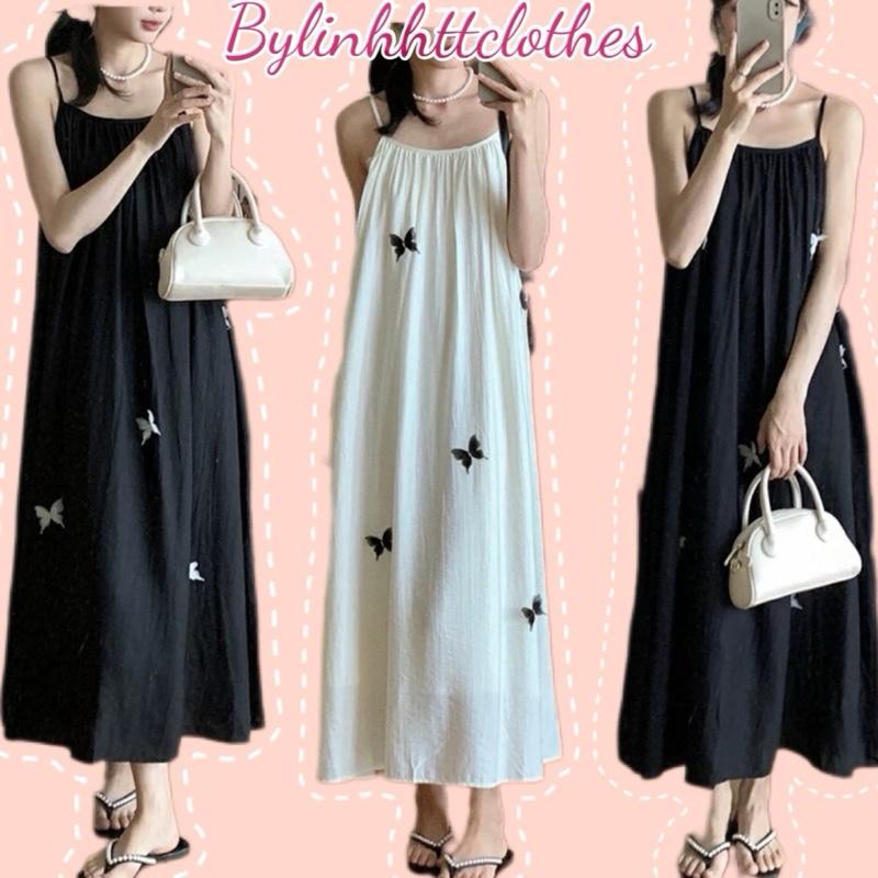 TUI2BÊN/ Đầm 2s suông đũi đính hoạ tiết freesize váy basic dáng dài