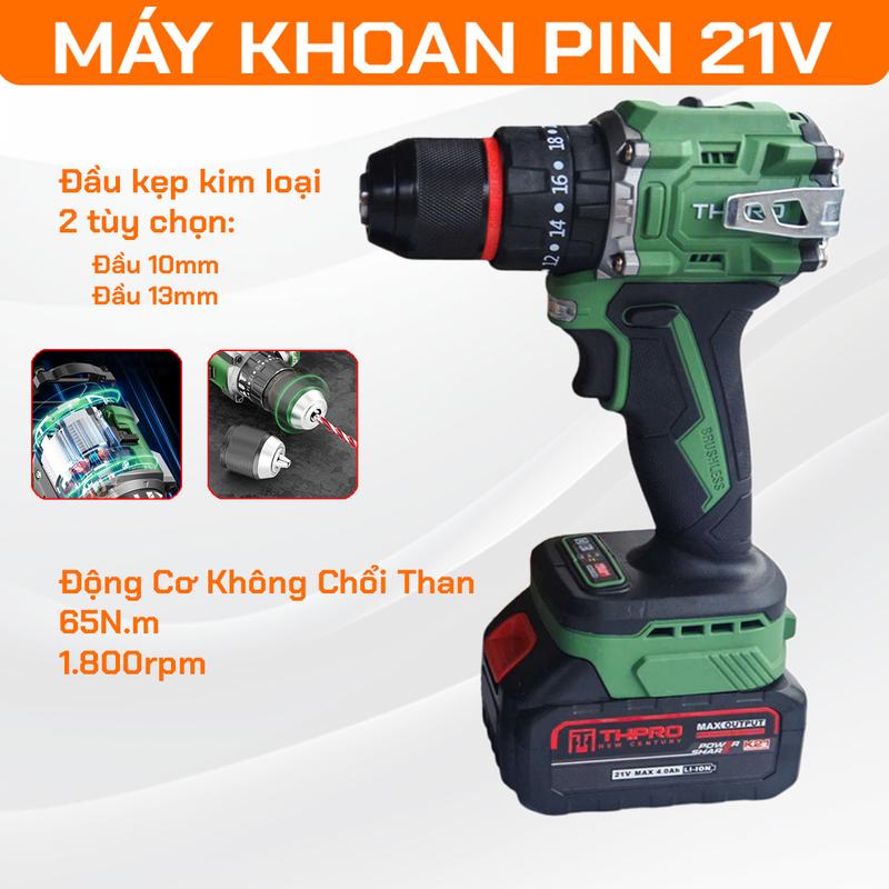 Máy Khoan Pin 10 ly, 13 ly THPRO, động cơ không chổi than, 3 Chức Năng, Đầu Autolock