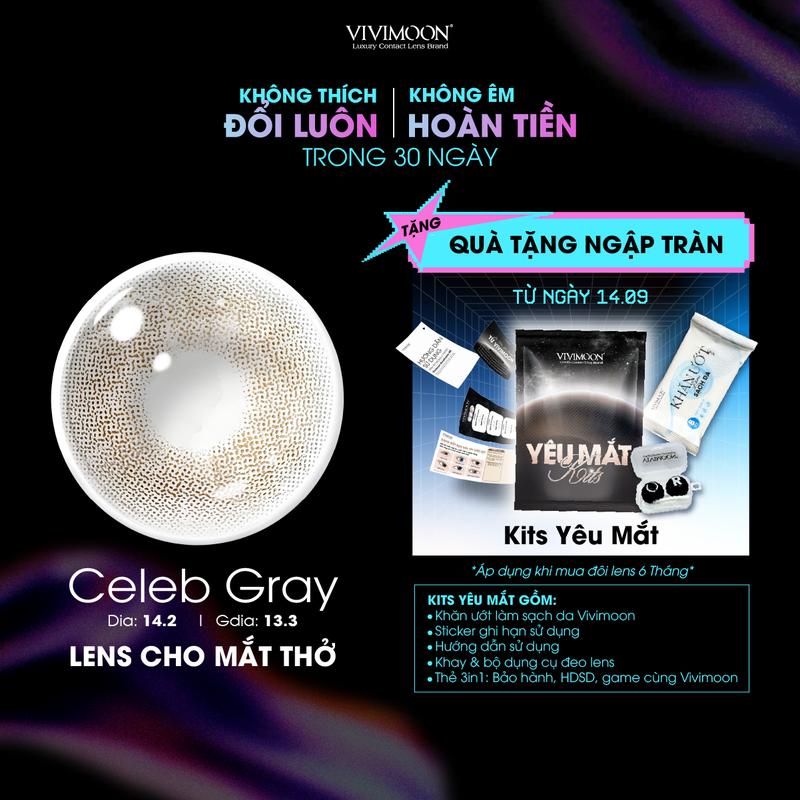 [Tặng kèm khay] Kính áp tròng Celeb Gray VIVIMOON LENS cận màu xám tây không viền giãn nhẹ - Lens cho mắt thở ̉6 tháng chất liệu Silicone hydrogel đeo êm mềm ̣( Giá 1 đôi )