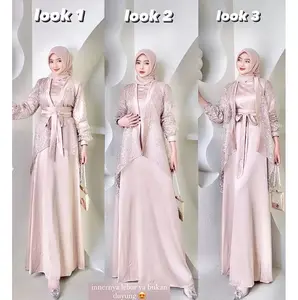 Veloxa Dress Fuji 3 In 1 Dress satu Set Inner Outer Brukat Kimono Gamis Muslim Wanita Ikat Pinggang Lepas Pasang Gamis Jumbo Pesta Kondangan Bridesmaid Wisuda Brokat Tile Bordir Motif Setelan Baju Mewah