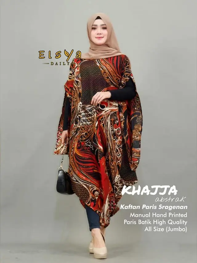 COD Kaftan Batik ASIMETRIS Neena ABSTRAK MERAH / Dress Batik Solo / Baju kondangan wanita / Kaftan Batik Jumbo Solo bahan katun paris