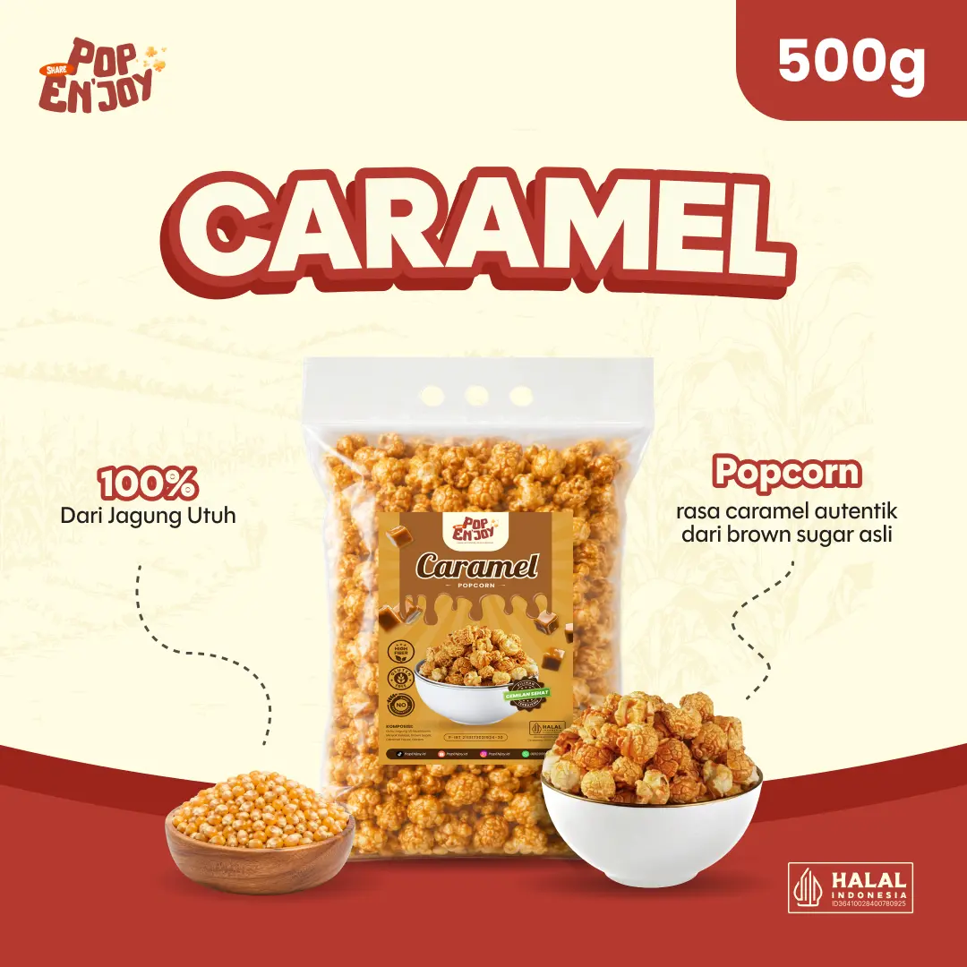 PopENjoy - [NEW] POPCORN CARAMEL 500gr | Makanan Manis Crispy Camilan Popkron Snack Jagung Sehat Premium Makanan Ringan Snack Nobar Piala Dunia
