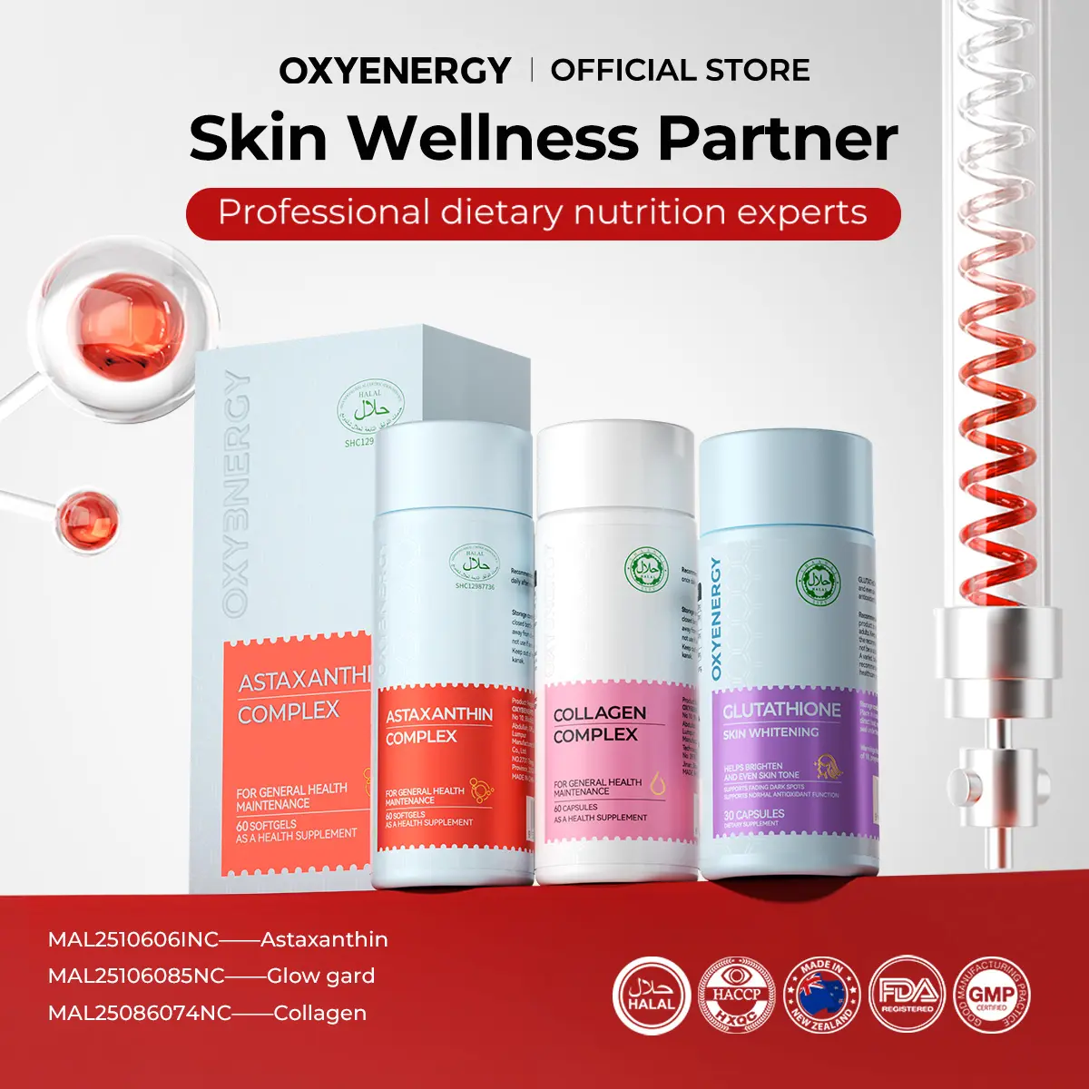 OXYENERGY Astaxanthin (60's) + Collagen (60's) +Glow-Gard (30's) , HALAL, MAL Registered