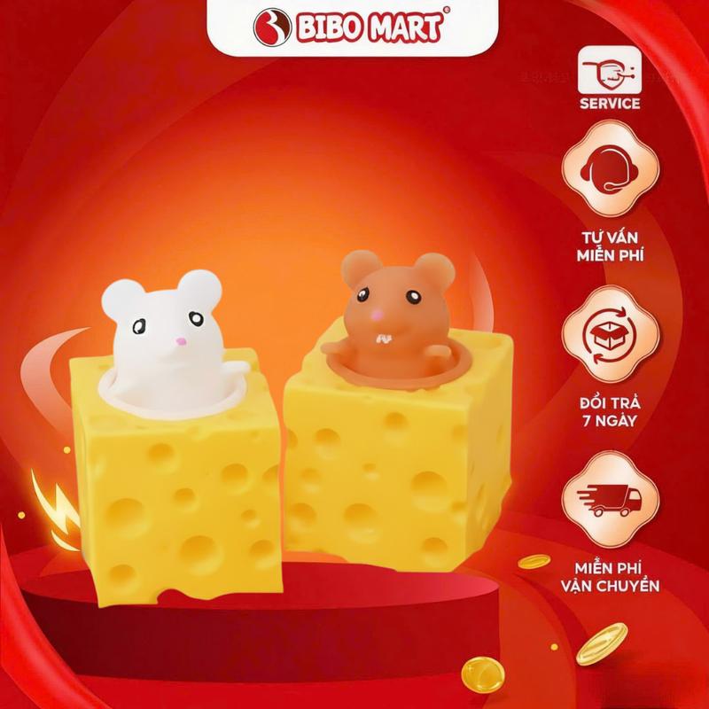 Đồ Chơi Squishy Con Chuột Trốn Trong Miếng Phô Mai, Đồ Chơi Nhựa Dẻo Đàn Hồi Nắn Bóp Cho Bé - Bibo Mart
