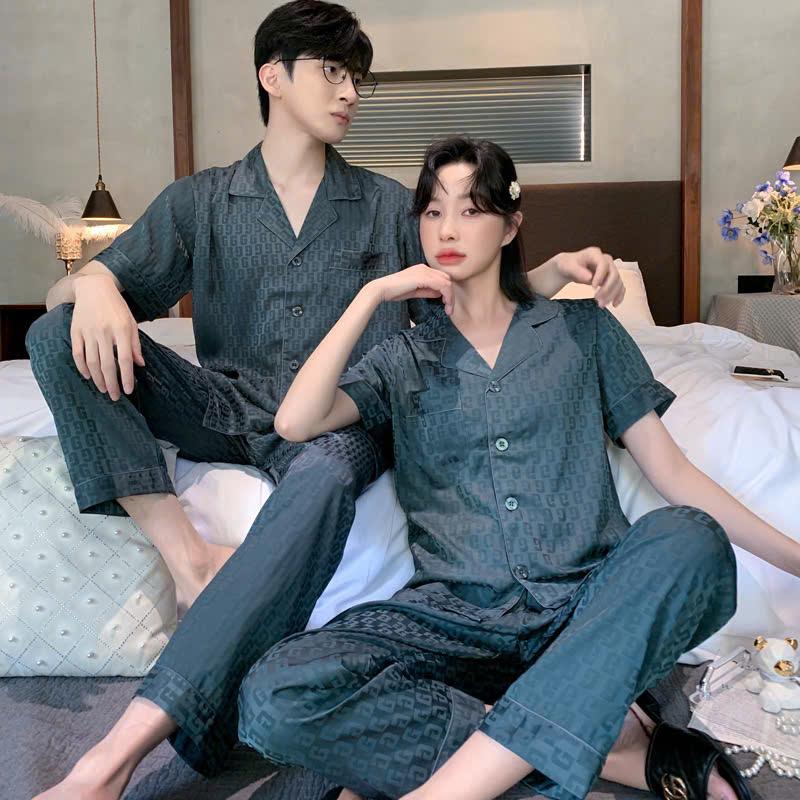  Bộ Pijama Đen Sọc Nam Nữ  Áo Cộc Quần Dài  Chất Lụa Mát Cao Cấp 