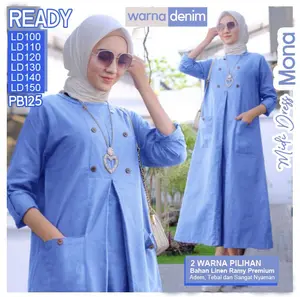 Gamis Midi Dress Mona Wanita Muslim Korean Style Bahan Linen Rami Premium Nyaman Busui Friendly Cream Variasi Kancing Samping